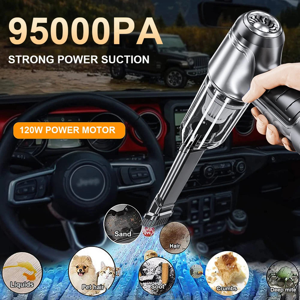 Aspiradora inalámbrica portátil para coche, aspiradora de mano con succión potente de 95000 PA, mini aspiradora de alta potencia para coche y hogar.